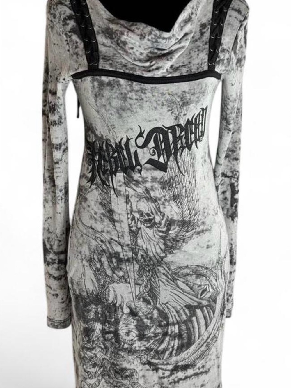 Salvage Black & White Long-Sleeve Cowl-Neck Graphic Mini Dress
